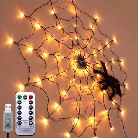 Luz LED de telaraña negra de Halloween con 70 luces LED impermeables de red naranja