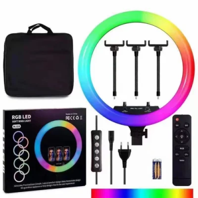 Anillo de luz LED RGB Mj18 de 18 pulgadas con soporte, 60W regulable bicolor 3200K-5600K CRI con efecto de escenas especiales